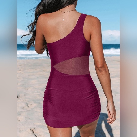 One Shoulder Swimsuit Mini Dress Mesh Panel Ruched Bodycon Burgundy - Picture 3 of 6
